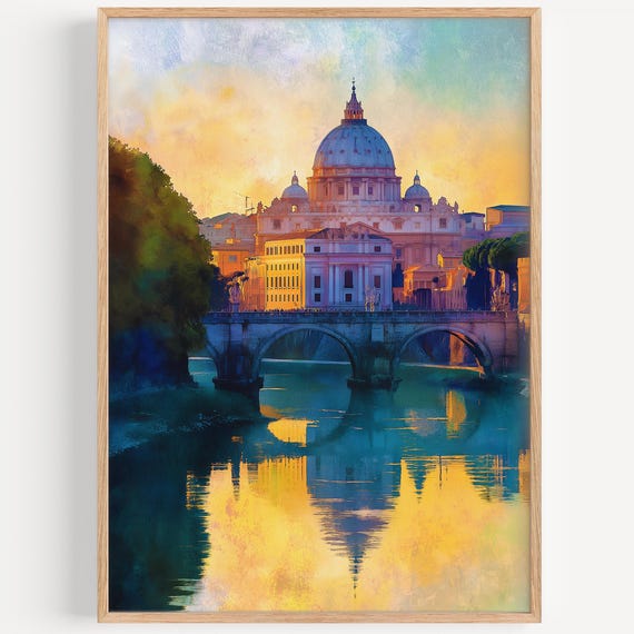 Vatican City Watercolor Painting Wall Art Print Travel Poster Decor Illustration Home