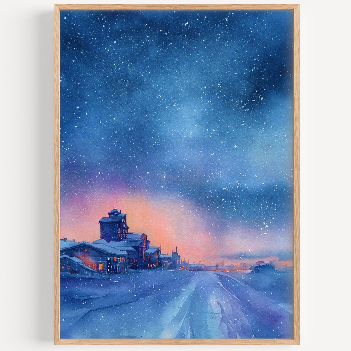 Kiruna Sweden Arctic Night Sky Starry Snow Town Watercolor Poster