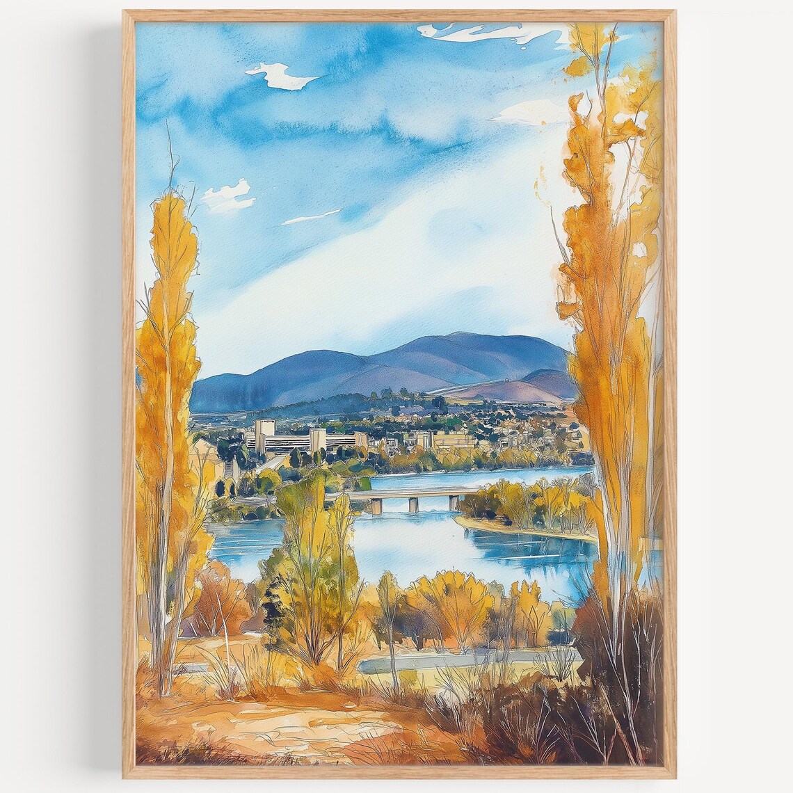 Canberra Australia Watercolor Lake Burley Griffin Cityscape Travel Poster