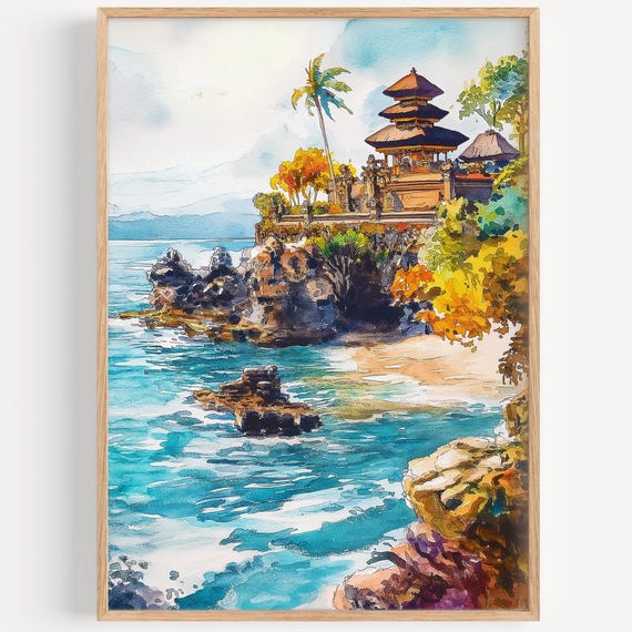Tanah Lot Watercolor Painting Wall Art Print Travel Poster Bali Decor Illustration Home