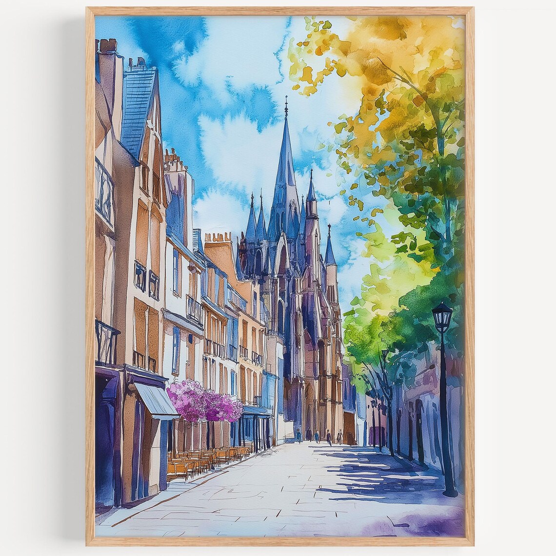 Reims France Gothic Cathedral Street Autumn Watercolor Travel Poster