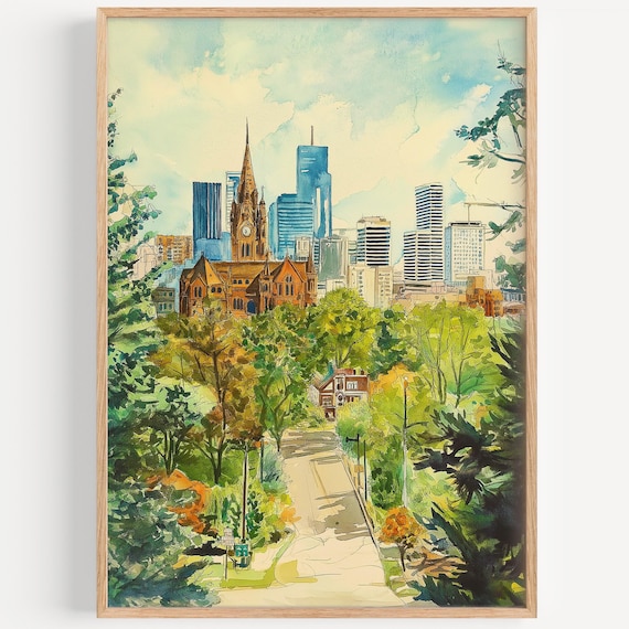 Denver Colorado City Skyline Watercolor Church Trees Art Poster