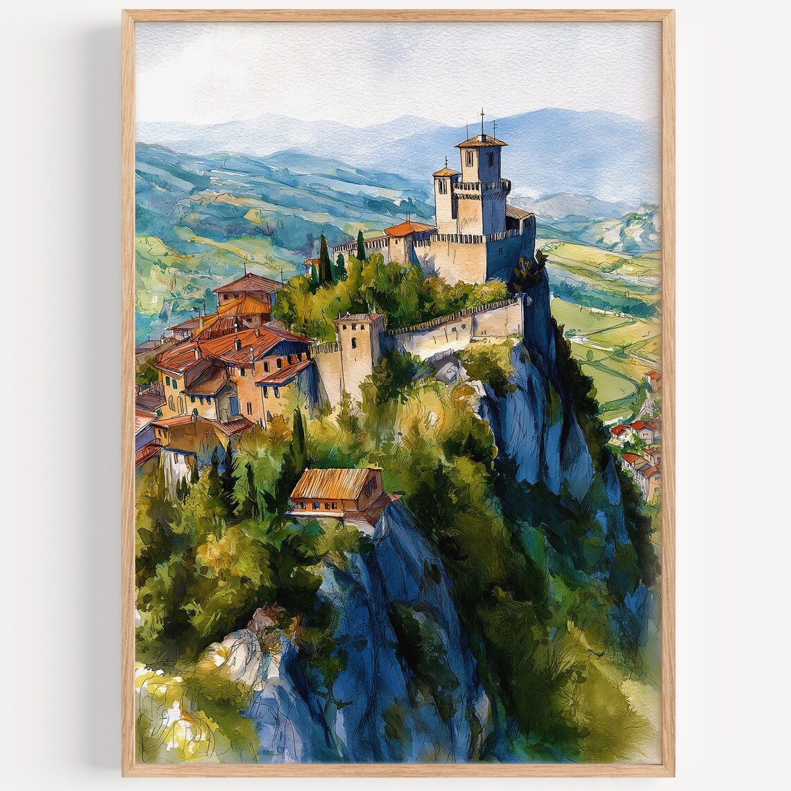 Hilltop Castle Fortress Watercolor Painting Scenic Mountain Village Print
