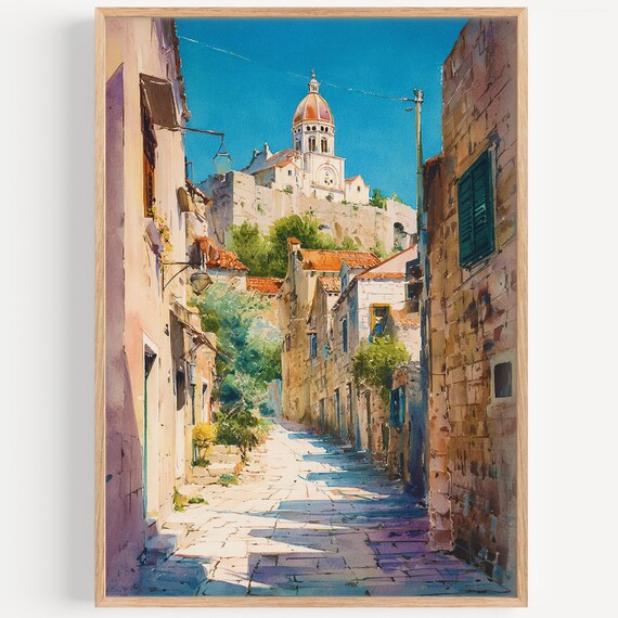 Sibenik Watercolor Travel Poster, Croatia Decor