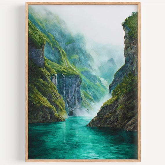 Geirangerfjord Watercolor Painting Wall Art Print Travel Poster Norway Decor Illustration Home