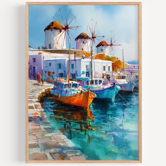 Mykonos Watercolor Painting Wall Art Print Greece Travel Poster Decor Illustration Home