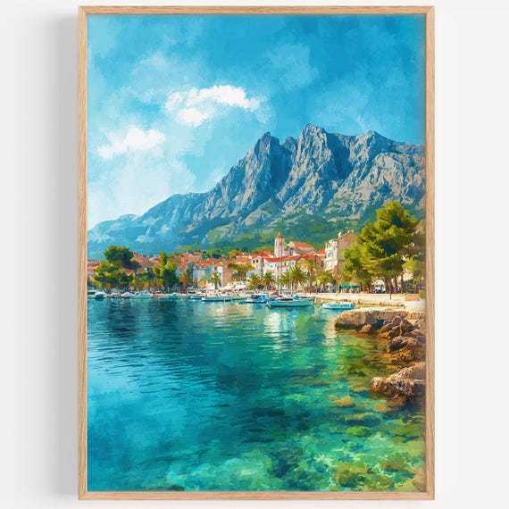 Makarsha Watercolor Painting Wall Art Print Croatia Travel Poster Decor Illustration Home