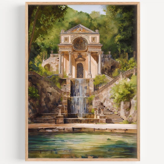 Nymphaeum At Villa Deste Watercolor Painting Wall Art Travel Poster Print Decor Illustration Home