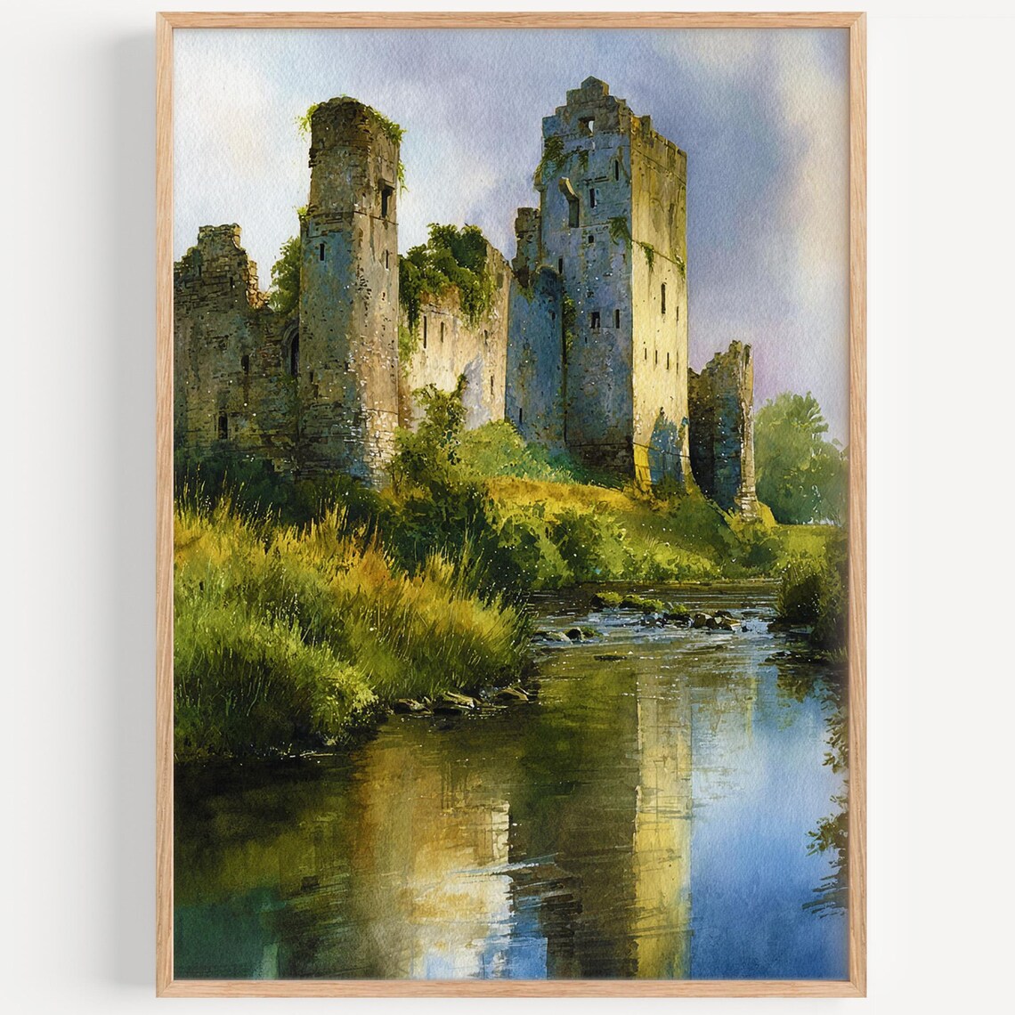 Trim Castle Medieval Ruins Riverside Watercolor Ireland Travel Poster