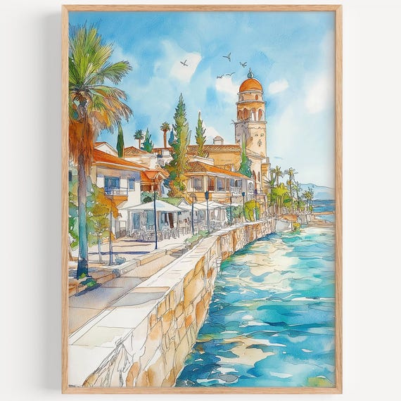 Larnaca Watercolor Painting Wall Art Print Travel Poster Cyprus Decor Illustration Home
