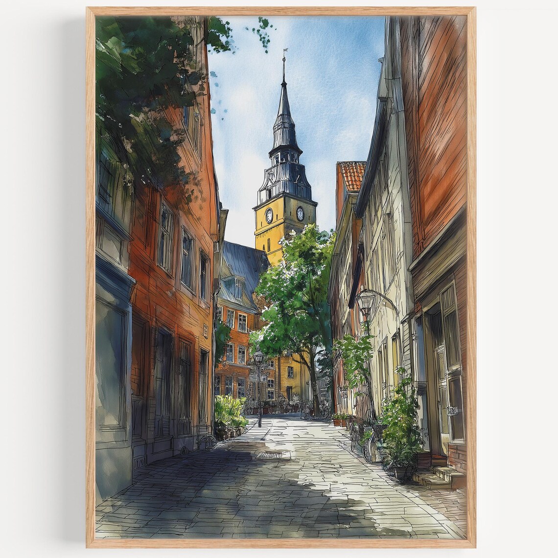 Hanover Old Town Church Tower Watercolor Street Germany Art Poster