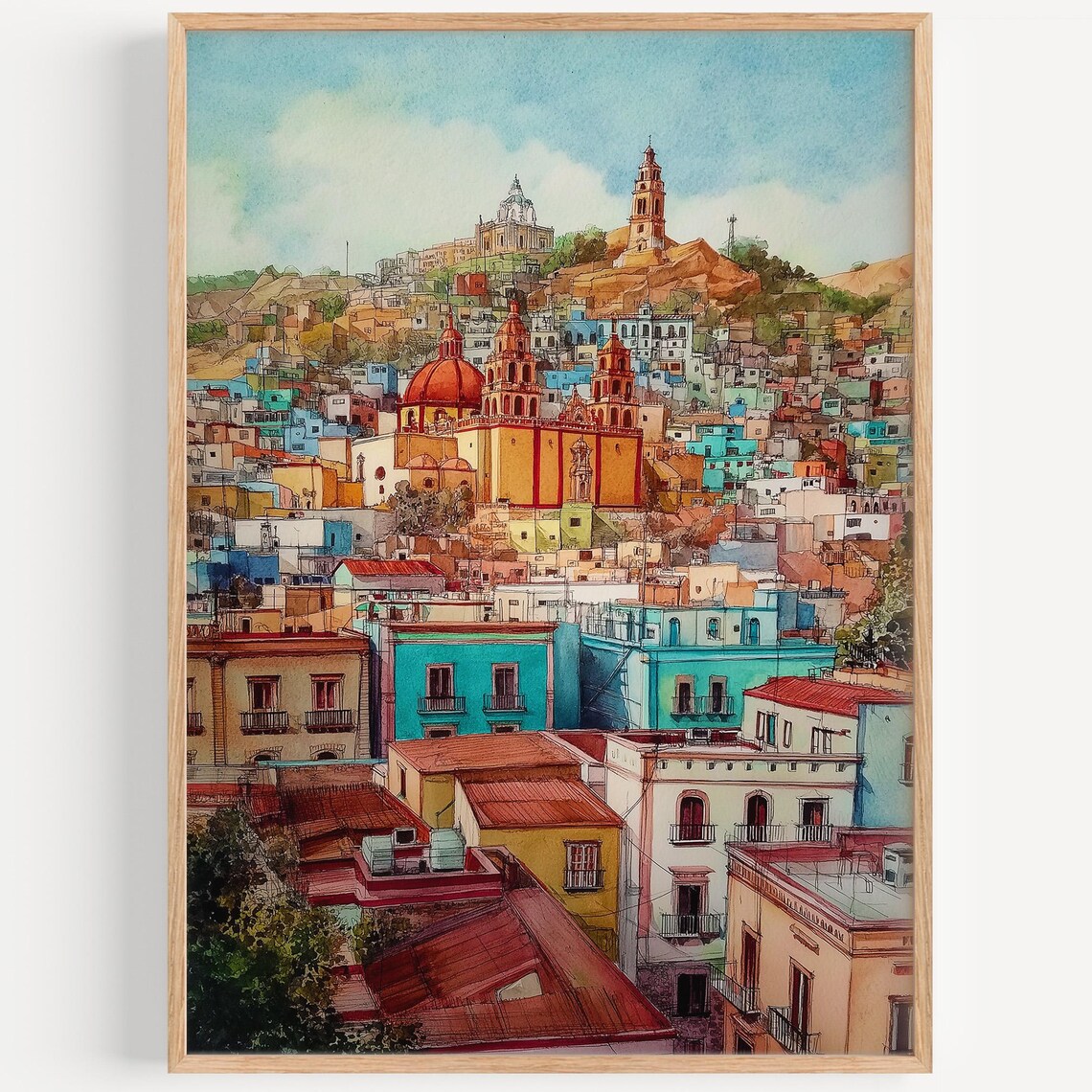 Guanajuato Mexico Colorful Colonial City Cathedral Watercolor Wall Art