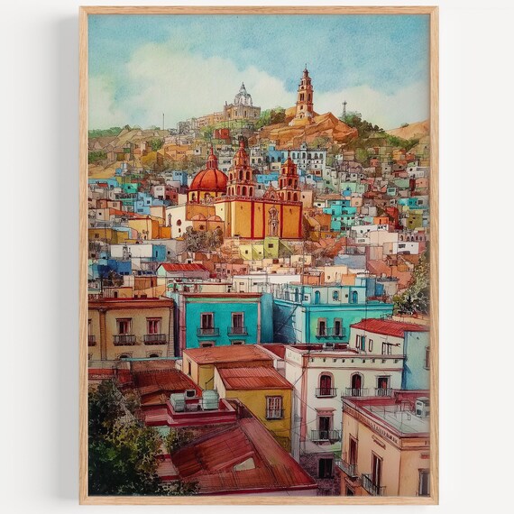 Guanajuato Mexico Colorful Colonial City Cathedral Watercolor Wall Art