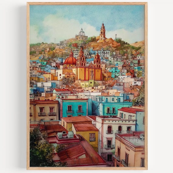 Guanajuato Watercolor Painting Wall Art Print Mexico Travel Poster Decor Illustration Home