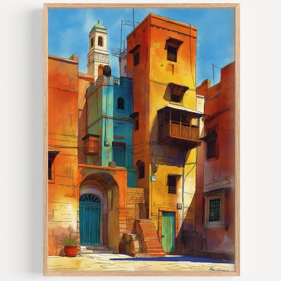Medina Watercolor Painting Wall Art Print Travel Poster Saudi Arabia Decor Illustration Home