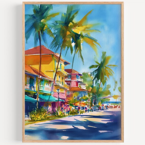 Montego Bay Jamaica Tropical Street Watercolor Beach Town Poster