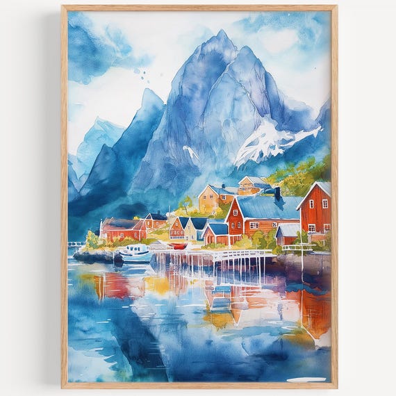Reine Watercolor Painting Wall Art Print Travel Poster Norway Decor Illustration Home