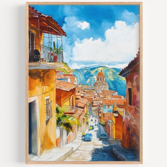 La Paz Bolivia Colorful Colonial Street Watercolor Art Poster