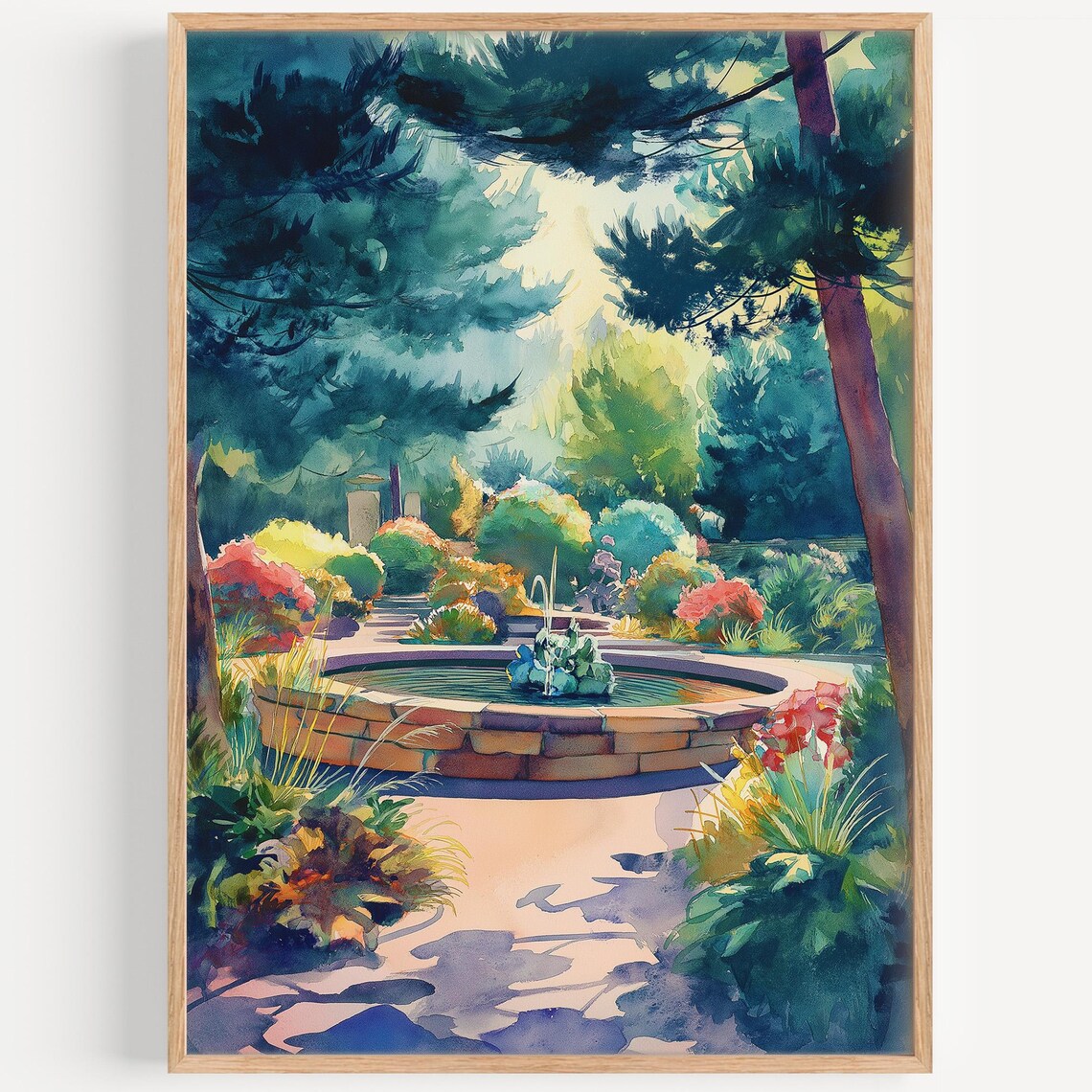 Montreal Botanic Garden Watercolor Stone Fountain Flower Garden Scene Poster