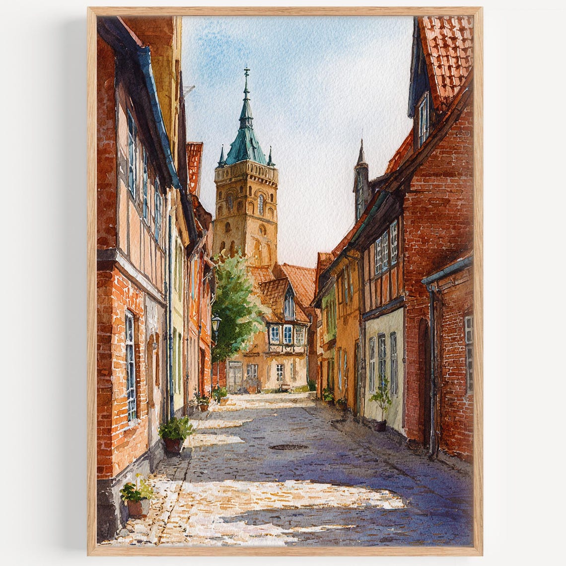 Ribe Denmark Old Town Cobbled Street Church Tower Watercolor Poster