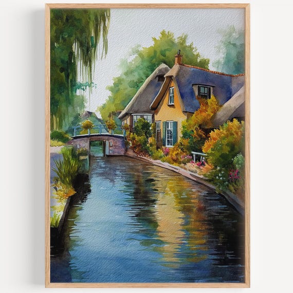 Giethoorn Watercolor Painting Wall Art Print Travel Poster Dutch Decor Illustration Home