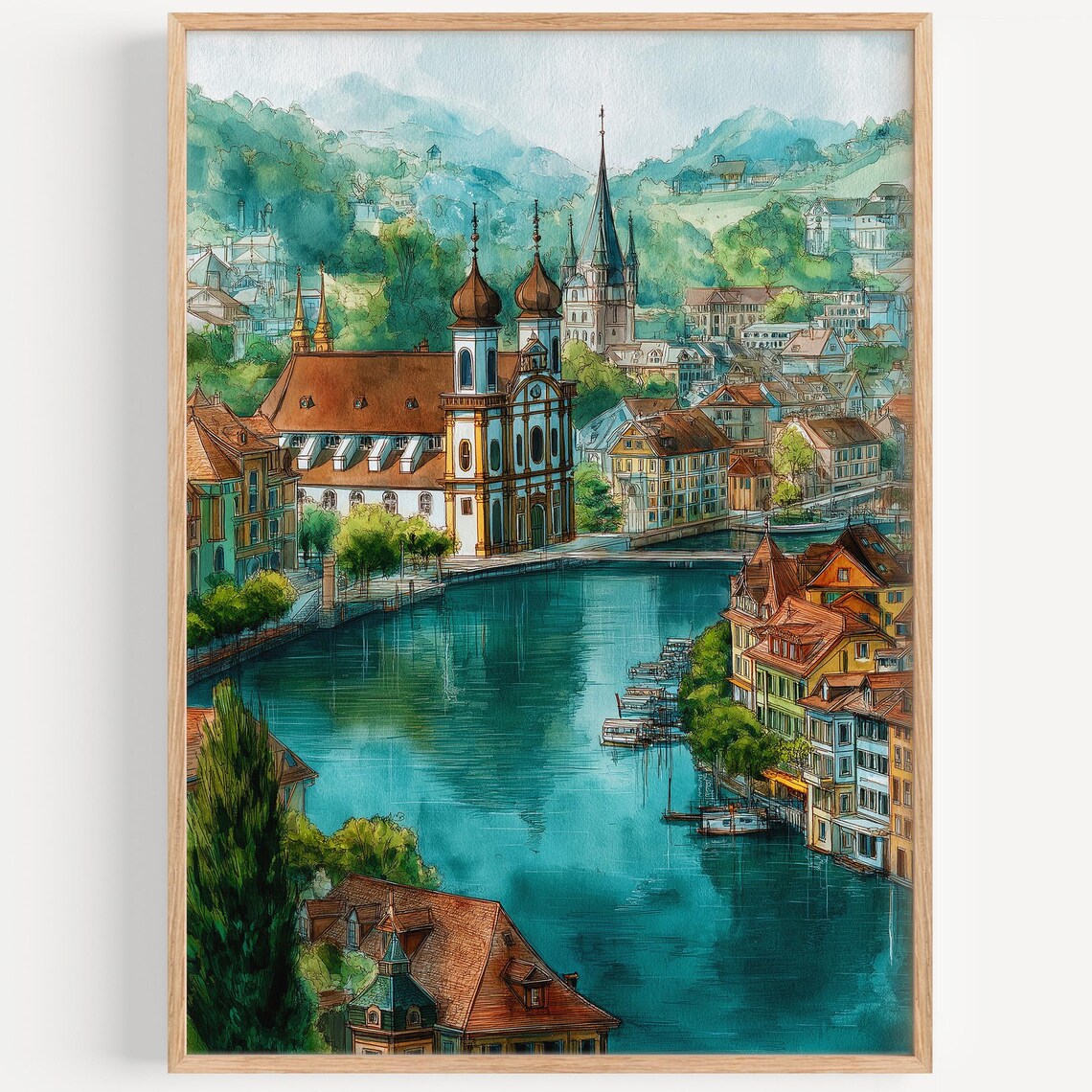 Lucerne Switzerland Old Town Churches Watercolor Travel Poster