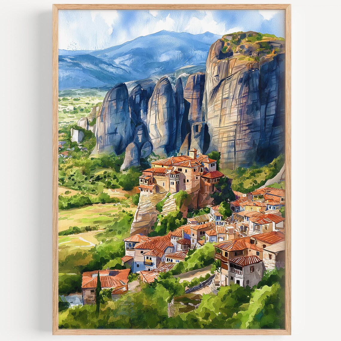 Meteora Greece Monastery Rock Pillars Watercolor Travel Landscape Poster