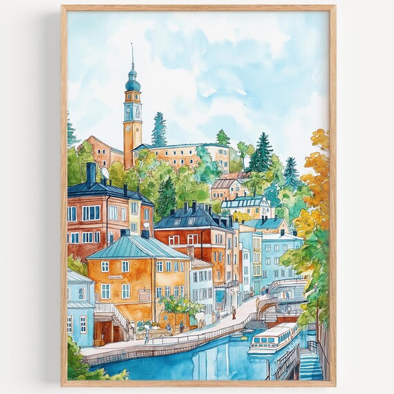 Tampere Finland Riverside City Church Tower Watercolor Travel Poster