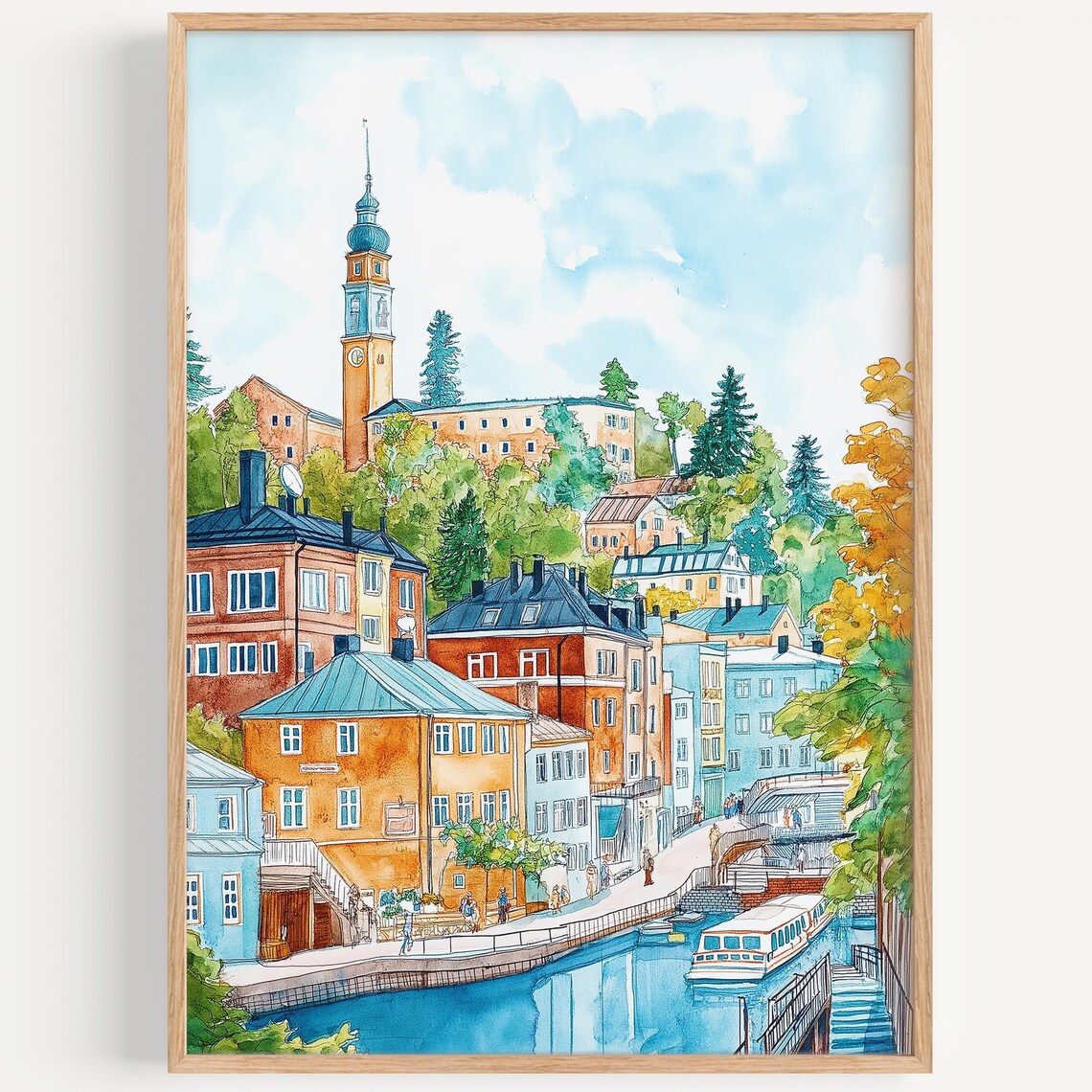 Tampere Finland Riverside City Church Tower Watercolor Travel Poster