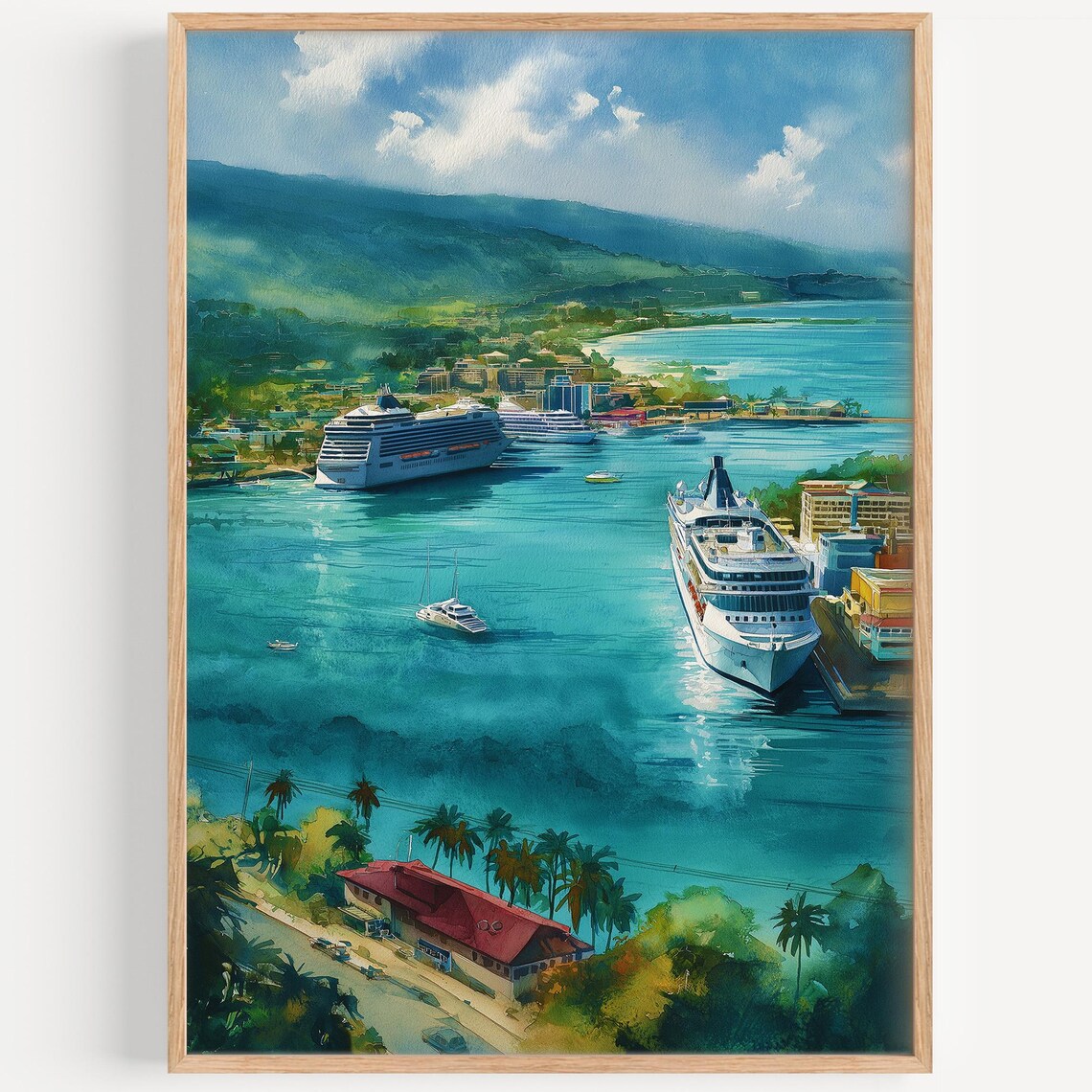 Ocho Rios Jamaica Cruise Harbor Turquoise Watercolor Caribbean Poster