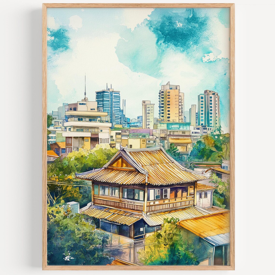 Taichung Taiwan Temple Rooftop Old Town Watercolor Travel Poster