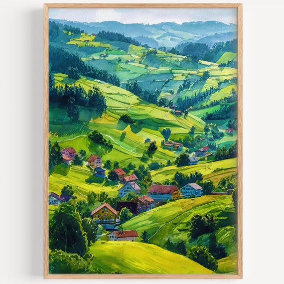 Appenzell Watercolor Painting Wall Art Print Travel Poster Switzerland Decor Illustration Home