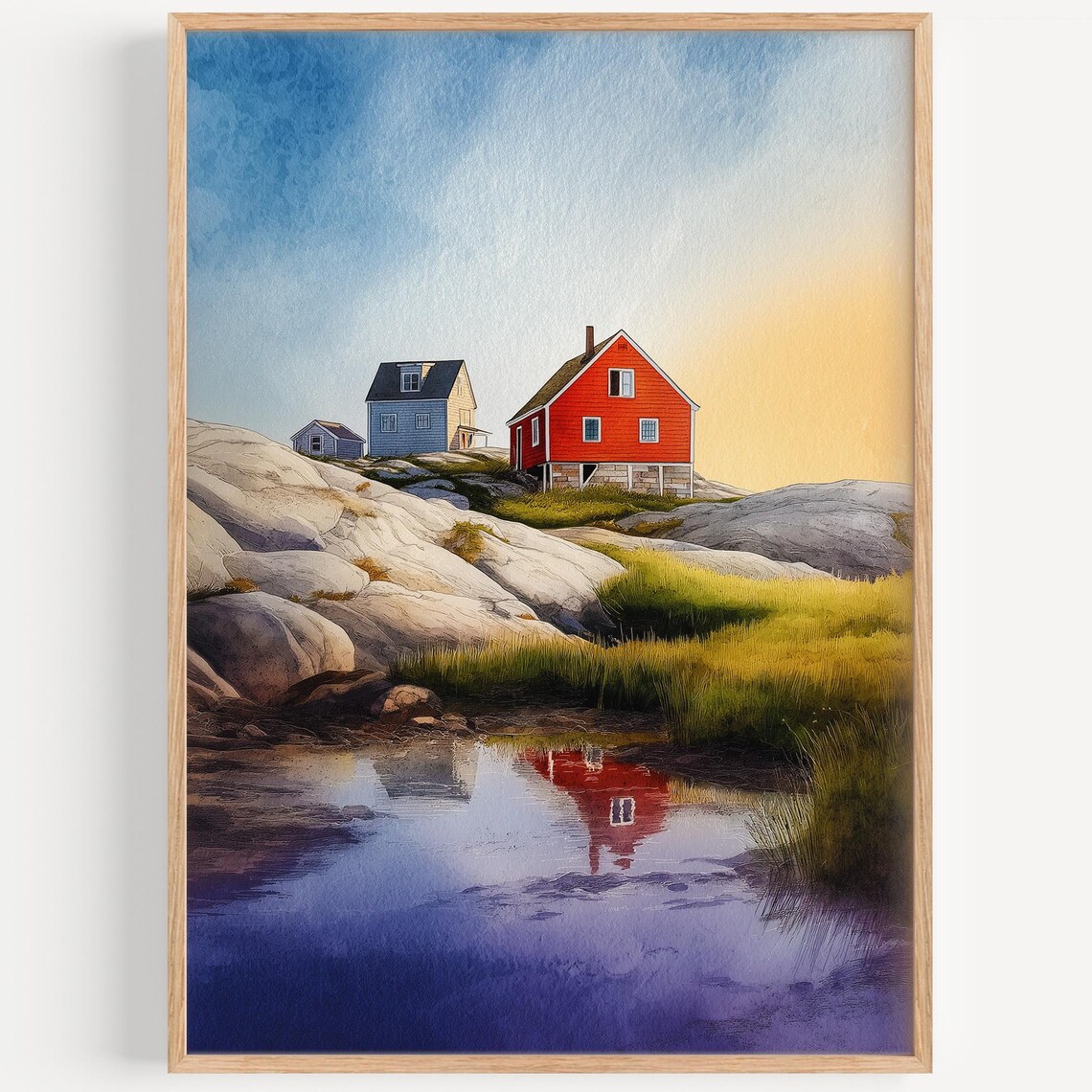Red Shingle House on Rocky Shore Sunrise Watercolor Print Coastal