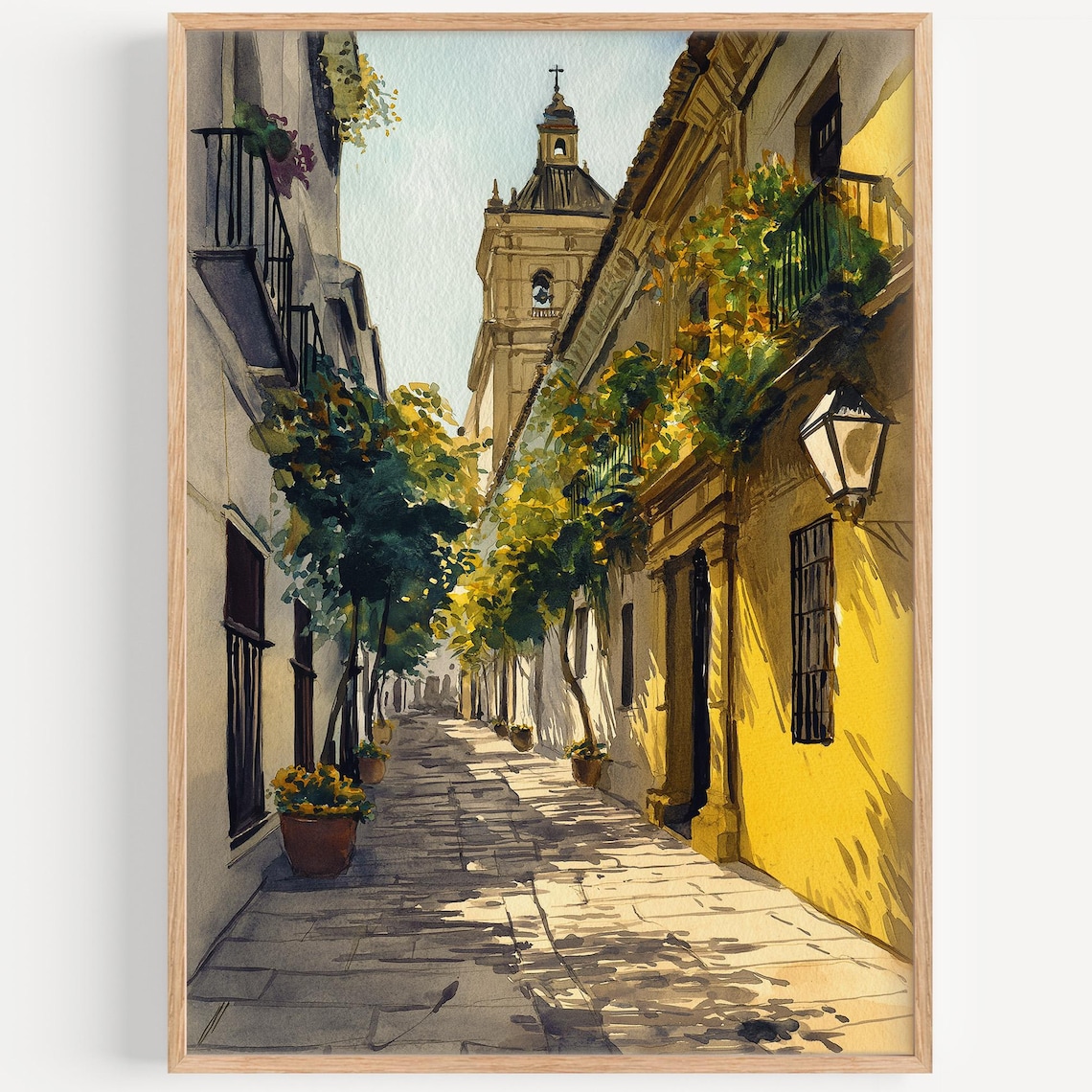 Cordoba Sunny Old Street Watercolor Church Tower Spain Art Poster