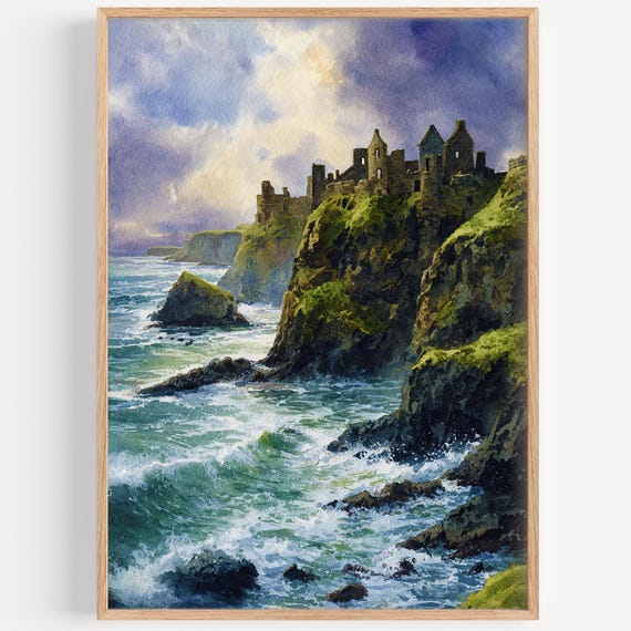 Dunluce Castle Watercolor Painting Wall Art Print Travel Poster Irish Decor Illustration Home