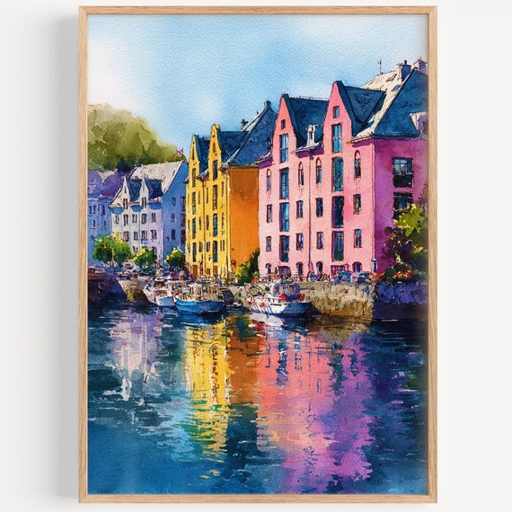 Alesund Watercolor Painting Wall Art Print Norway Travel Poster Decor Illustration Home