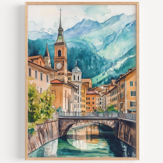 Bolzano Watercolor Painting Wall Art Print Travel Poster Italy Decor Illustration Home