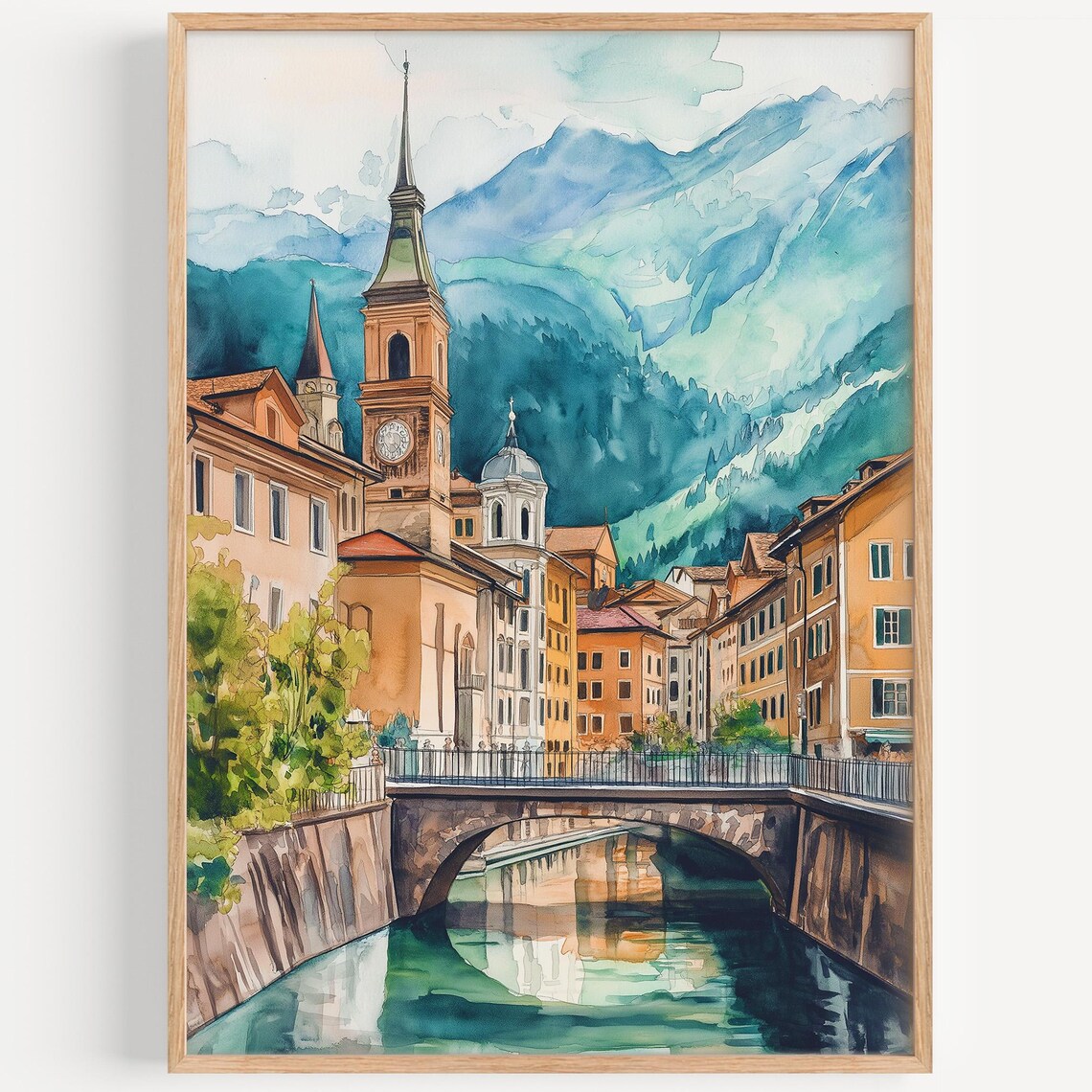 Bolzano Old Town Watercolor Alpine River Bridge Travel Poster