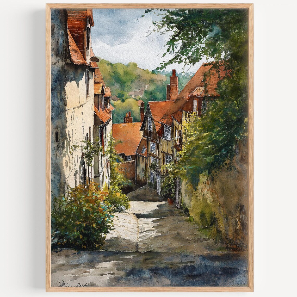 Normandy France Watercolor Old Village Street Red Tile Roofs Countryside Poster