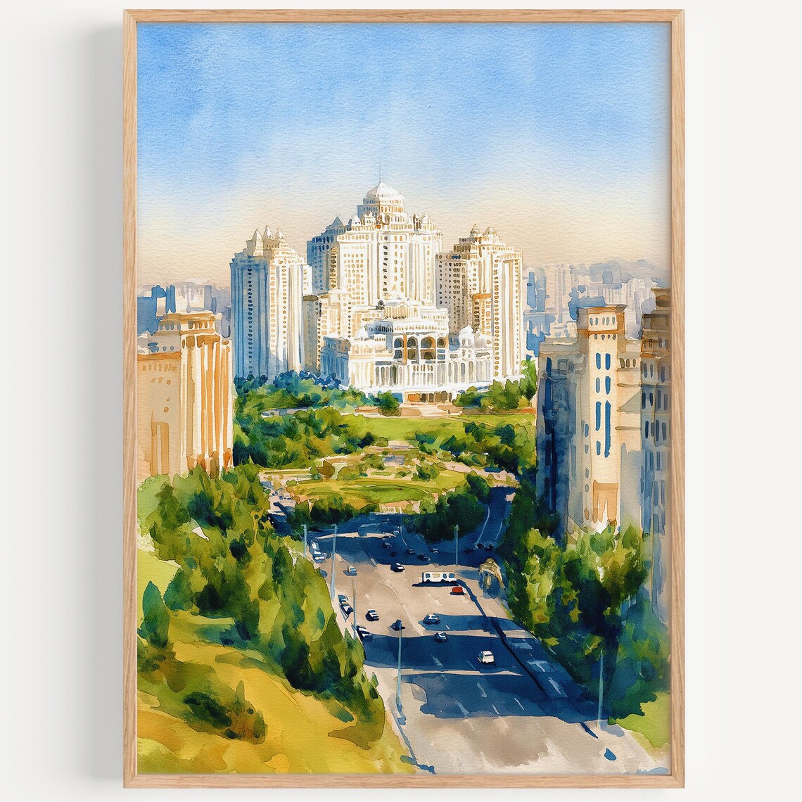 Ashgabat Watercolor Travel Poster, Turkmenistan Decor