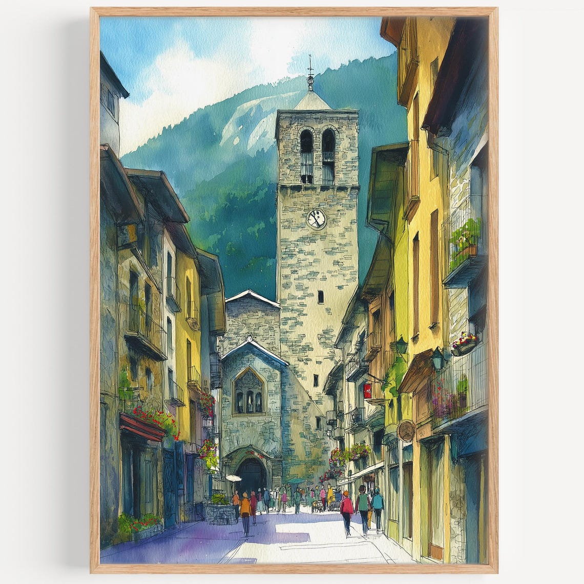 European Old Town Clock Tower Street Watercolor Painting Poster