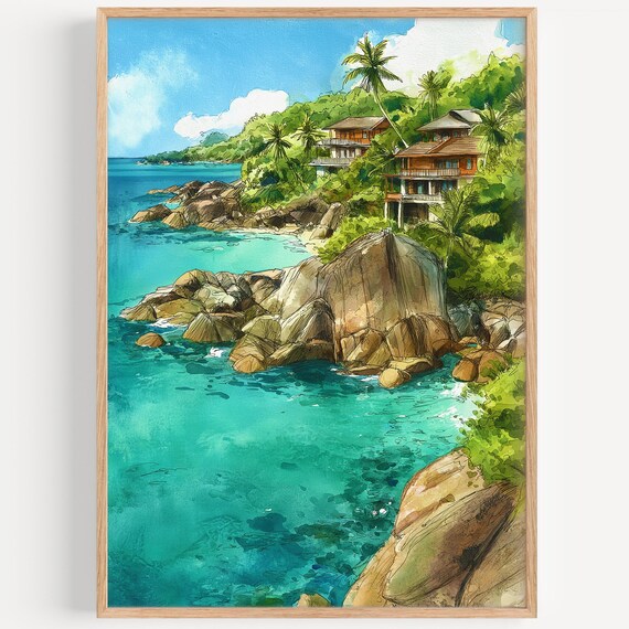 Seychelles Tropical Beach Cove Granite Rocks Watercolor Poster