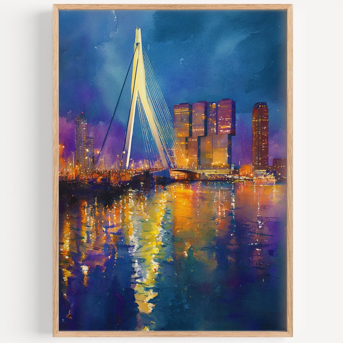 Illuminated Cable Stayed Bridge Night City Skyline Watercolor Poster