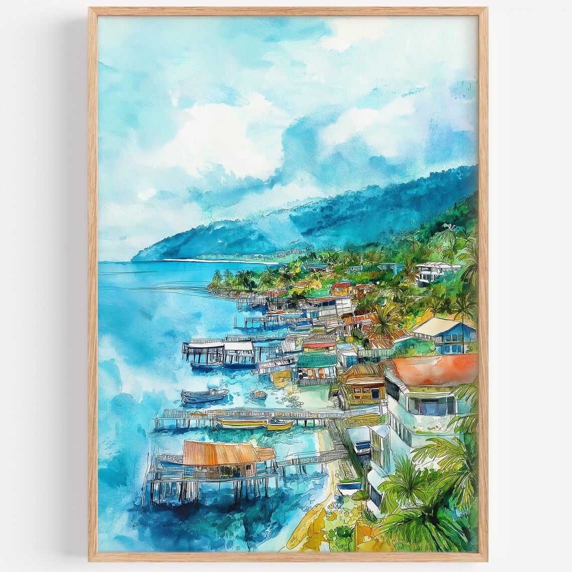 Tropical Port Moresby Watercolor Stilt Houses Turquoise Bay Poster