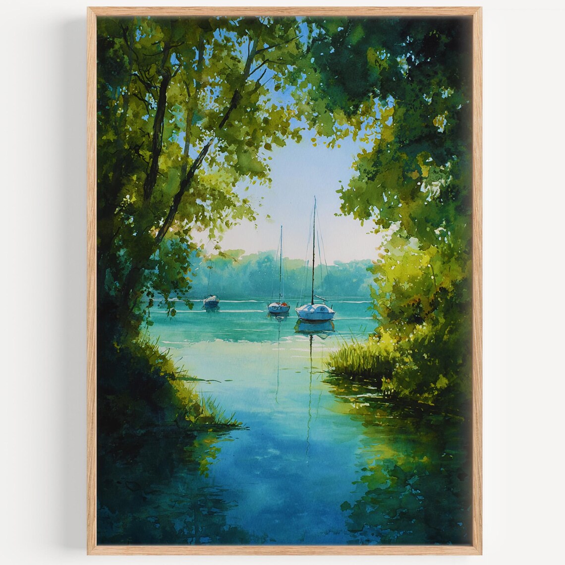 Mazury Poland Serene Lake Channel With Sailboats Framed By Trees Poster