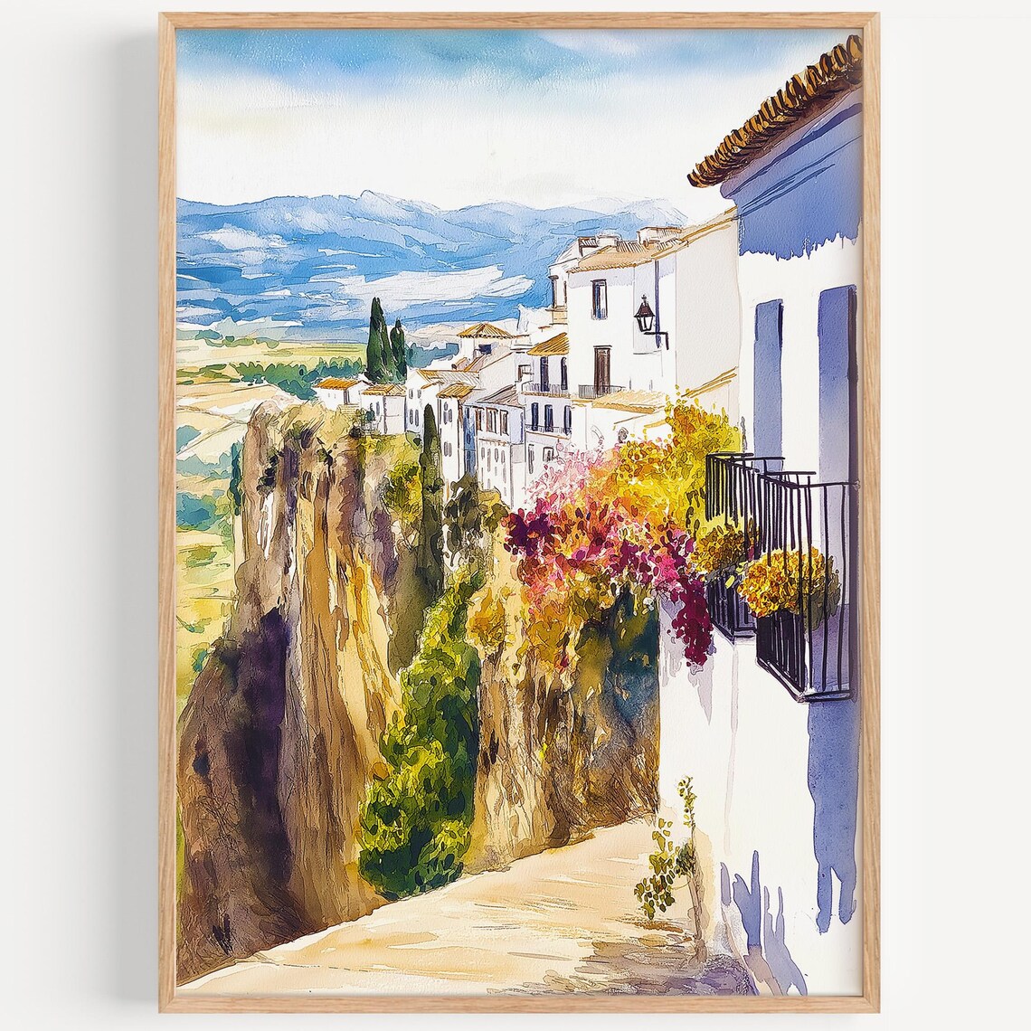 Ronda Spain Watercolor Cliffside White Village Travel Art Poster