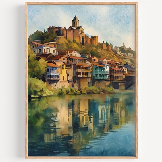 Tbilisi Georgia Watercolor Old Town Fortress River Scene Art Poster