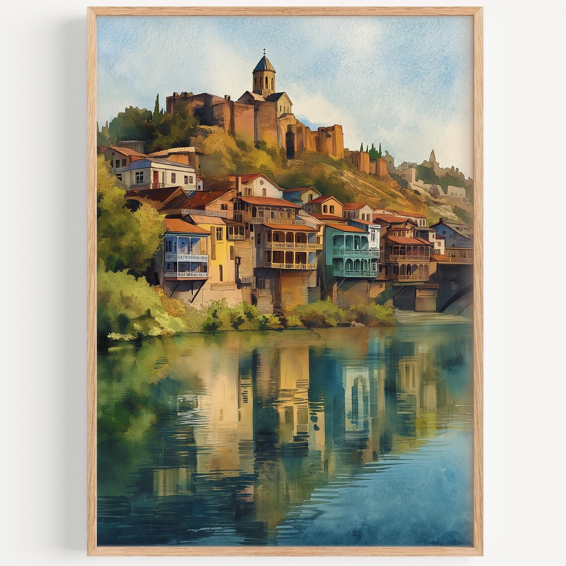 Tbilisi Georgia Watercolor Old Town Fortress River Scene Art Poster