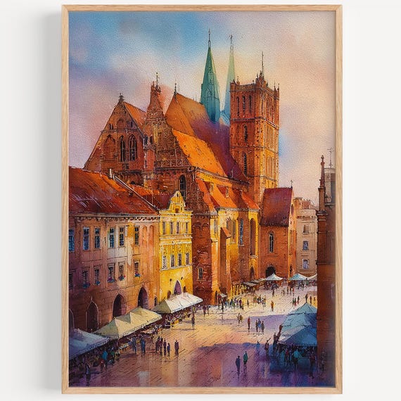 Torun Watercolor Painting Wall Art Print Poland Travel Poster Decor Illustration Home