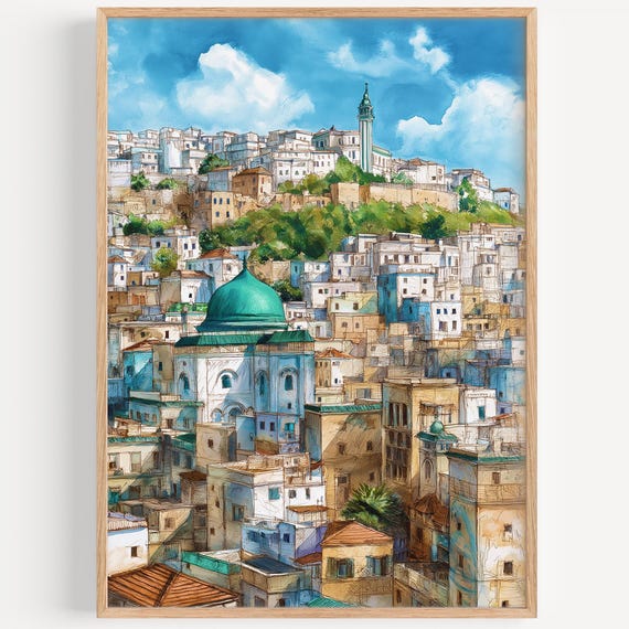 Algiers Watercolor Painting Wall Art Print Algeria Travel Poster Decor Illustration Home